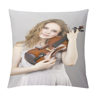 Personality  Beautiful Curly Blonde In Gray Evening Dress With Red Violin In Her Hands Pillow Covers