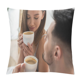 Personality  Sexy Woman With Closed Eyes Enjoying Morning Coffee Near Blurred Boyfriend In Bedroom Pillow Covers