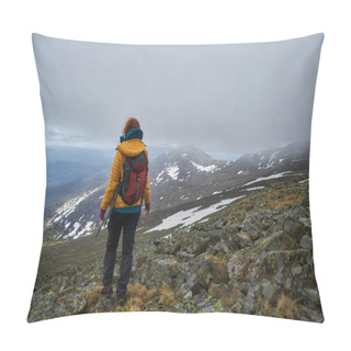 Personality  Alone Hiker Gazes Across A Vast Mountainous Terrain, Enveloped In The Soft Light Of An Overcast Sky Pillow Covers