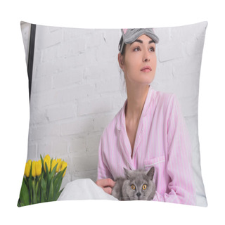 Personality  Pensive Woman In Pajamas And Sleeping Mask With Britain Shorthair Cat Resting In Bed At Home Pillow Covers