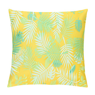 Personality  Top View Of Paper Cut Green Tropical Leaves On Yellow Bright Background With Copy Space Pillow Covers