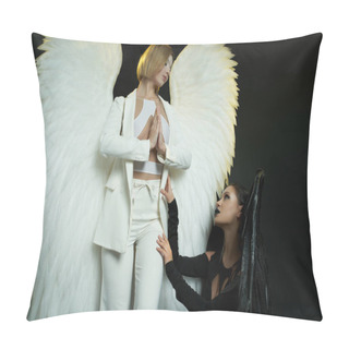 Personality  Dark Demon Tempting Heavenly Angel Praying On Black Backdrop, Good Vs Evil Biblical Conflict Concept Pillow Covers