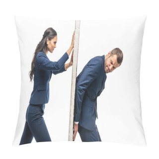 Personality  Businessman And Businesswoman In Suits Pushing Wall Isolated On White Pillow Covers