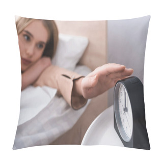 Personality  Young Woman Reaching Alarm Clock On Bedside Table Pillow Covers