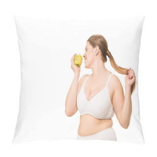 Personality  Cheerful Overweight Woman With Apple Pillow Covers