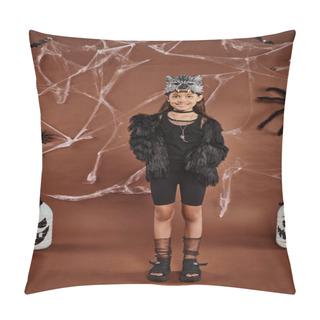 Personality  Smiling Cute Preteen Girl In Wolf Mask On Brown Backdrop With Spiders And Web, Halloween Pillow Covers