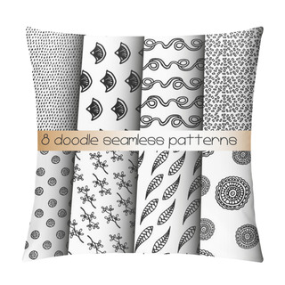 Personality  Set Of 8 Black And White Doodle Seamless Patterns Pillow Covers