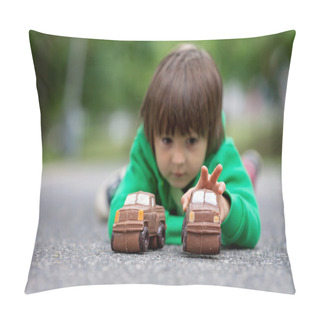 Personality  Funny Little Boy Playing With Car Of Chocolate, Outdoor Pillow Covers