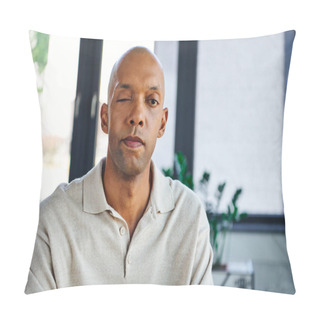 Personality  Professional Headshots, Bold Dark Skinned Man With Myasthenia Gravis Disease Looking At Camera, African American Office Worker With Ptosis Eye Syndrome, Inclusion And Diversity Pillow Covers