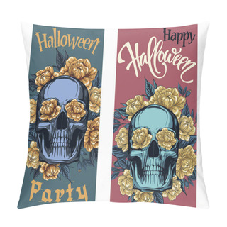 Personality  Metallic Skull With Floral Wreath Of Golden Roses, Editable Templates For Social Media Stories. Idea For Brochures And Banners. Skull, Creative Design Illustration Pillow Covers