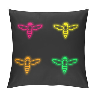 Personality  Bee With Sting Outline Four Color Glowing Neon Vector Icon Pillow Covers