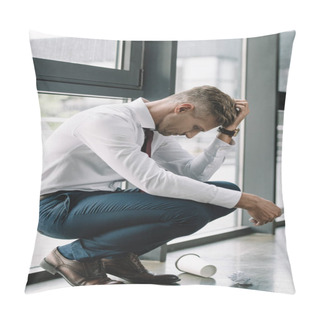 Personality  Upset Businessman Sitting Near Windows And Holding Smartphone  Pillow Covers