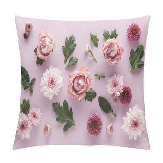 Personality  Top View Of Blooming Spring Chrysanthemums And Roses With Leaves On Violet Background Pillow Covers