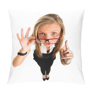 Personality  Funny Businessl Girl Pointing Up, Fish Eye Lens Portrait. Pillow Covers