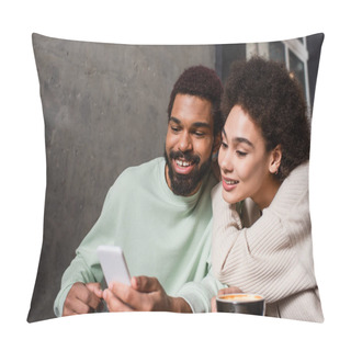 Personality  Positive African American Couple Using Blurred Smartphone Near Coffee In Cafe  Pillow Covers