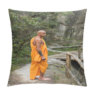 Personality  Full Length View Of Barefoot Buddhist In Orange Robe Standing Near Wooden Fence In Forest Pillow Covers