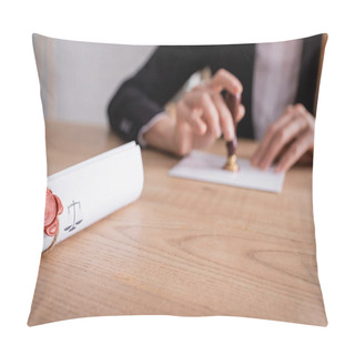 Personality  Selective Focus Of Rolled Contract Sealed With Wax Stamp Near Cropped Notary On Blurred Background Pillow Covers