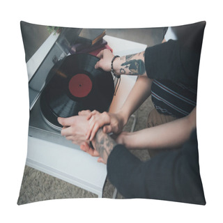 Personality  Cropped View Of Tattooed Couple Putting Vinyl Record On Record Player  Pillow Covers
