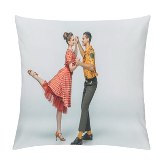 Personality  Cheerful Dancers Holding Hands While Dancing Boogie-woogie On Grey Background Pillow Covers