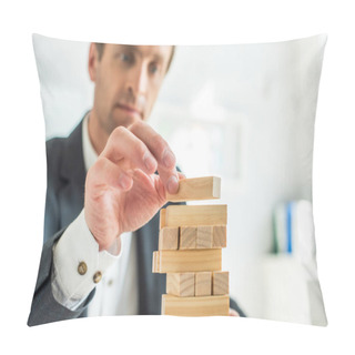 Personality  Concentrated Businessman Playing Blocks Wood Game On Blurred Background Pillow Covers