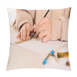 Personality  Cropped View Of Woman Drawing With Pencil And Ruler Near  Compass At Home  Pillow Covers