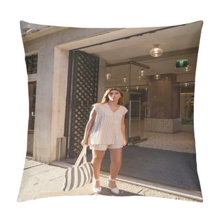 Personality  Full Length Of Trendy Woman With Striped Bag Near Entrance Of Building In Venice Pillow Covers
