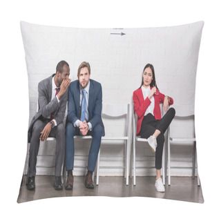 Personality  Asian Businesswoman Looking At Multicultural Businessmen Gossiping While Waiting For Job Interview Pillow Covers