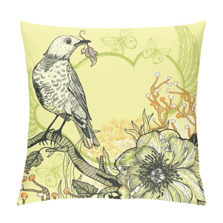 Personality  Vector  Illustration Of A Bird, Forest Plants  And A  Wild Rose Pillow Covers