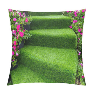 Personality  Staircase Green Artificial Grass With Pink Flower  Pillow Covers