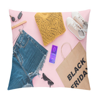 Personality  Top View Of Trendy Clothes, Smartphone With Shopping App And Paper Bag With Black Friday Sign Pillow Covers