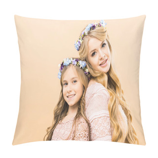 Personality  Beautiful Woman And Cute Daughter In Colorful Floral Wreaths Standing Back To Back And Looking At Camera On Yellow Background Pillow Covers