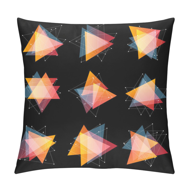 Personality  Isolated abstract pink and orange color triangles logo set on black background, geometric triangular shape logotype of transparent overlays collection vector illustration pillow covers