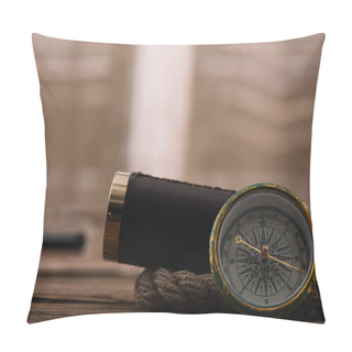 Personality  Close Up View Of Compass Near Telescope And Rope Cable On Wooden Table Pillow Covers
