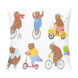Personality  Cartoon Biked Bear. Bears On Children Tricycle, Unicycle And Retro Bicycle. Animal Riding Bike, Bicycles And Scooter Vector Illustration Set Pillow Covers