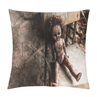 Personality  Dirty And Burnt Baby Doll On Wooden Chair In School  Pillow Covers
