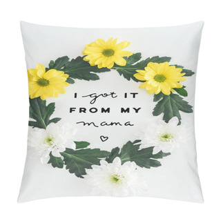 Personality  Top View Of Wreath With White And Yellow Daisies And Green Leaves On White Background With I Got It From My Mama Lettering Pillow Covers