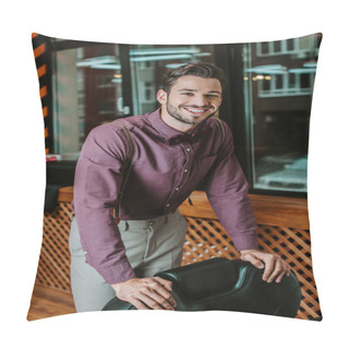 Personality  Happy Bearded Barber Touching Leather Armchair In Barbershop  Pillow Covers
