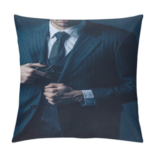 Personality  Partial View Of Gangster Hiding Weapon In Suit On Dark Blue Background Pillow Covers