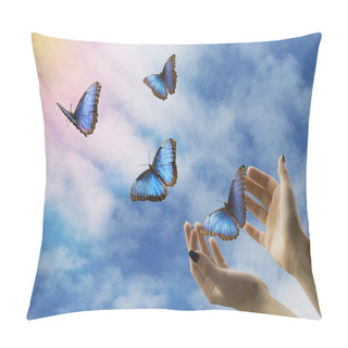 Personality  Open Hands Let Go Of Beautiful Blue Butterflies In The Mystical Sky Pillow Covers