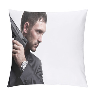 Personality  Ortrait Of Young Man With Gun On White Background Pillow Covers