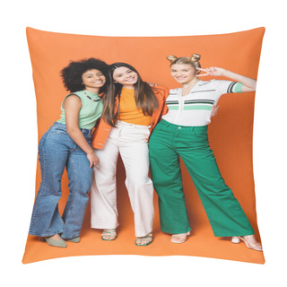 Personality  Full Length Of Positive Blonde Teenager Showing Victory Gesture While Posing With Stylish Multiethnic Girlfriends And Standing On Orange Background, Cool And Confident Multicultural Teenage Girls Pillow Covers