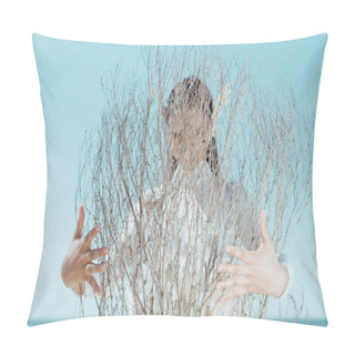 Personality  Young Woman In White Swan Costume Hugging Bush On Blue Sky Background Pillow Covers