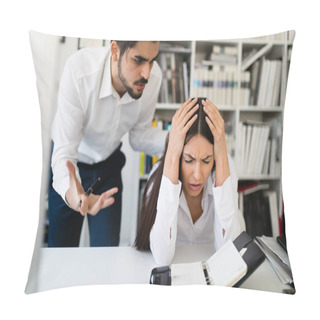 Personality  Angry Boss Yelling At His Employee In Office For Mistakes In Work Pillow Covers
