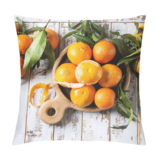 Personality  Ripe Organic Clementines Or Tangerines With Leaves On Wood Serving Board Over White Wooden Plank Table As Background. Top View, Space. Healthy Eating. Square Images Pillow Covers