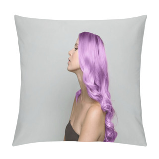 Personality  Portrait Of Young Woman With Dyed Long Curly Hair On Grey Background. Trendy Hairstyle Design  Pillow Covers