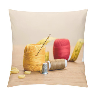 Personality  Cotton Knitting Yarn Balls With Needle And Thimble On Wooden Table Isolated On Beige Pillow Covers