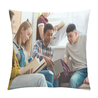 Personality  Group Of Multicultural High School Teenage High School Students Doing Homework During School Break  Pillow Covers
