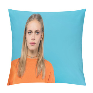 Personality  Offended Blonde Woman In Orange Sweatshirt Looking At Camera Isolated On Blue  Pillow Covers