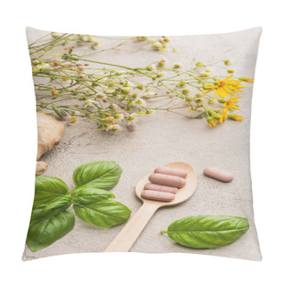 Personality  Herb, Green Leaves, Ginger Root And Pills In Wooden Spoon On Concrete Background, Naturopathy Concept Pillow Covers