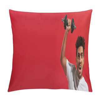 Personality  Motivated African American Man In Sportswear Lifting Heavy Dumbbell On Red Background, Banner Pillow Covers